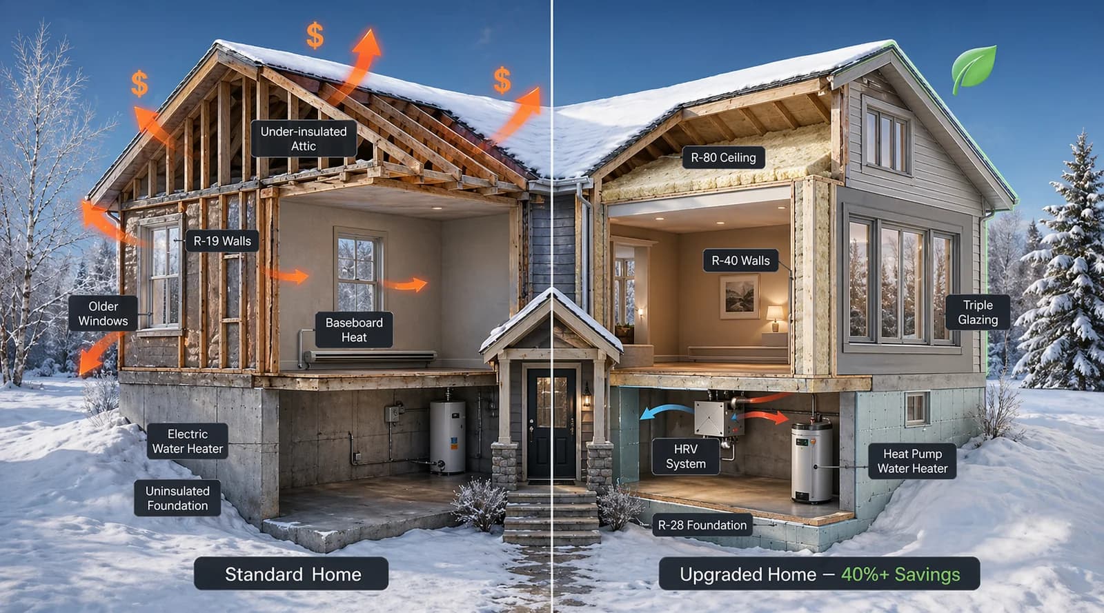 Cross-section comparison — standard house vs. energy-efficient upgrades